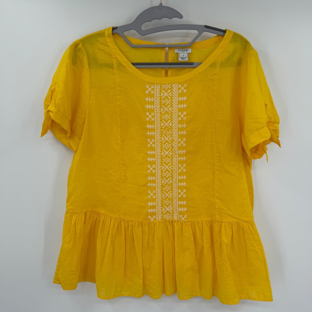 J.Crew Yellow Embroidered Peplum Top Short Sleeve Tie Detail Size 8 Cotton